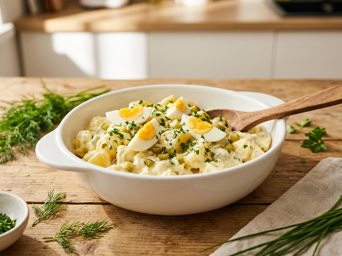 Creamy North German potato salad with mayonnaise, gherkins and eggs