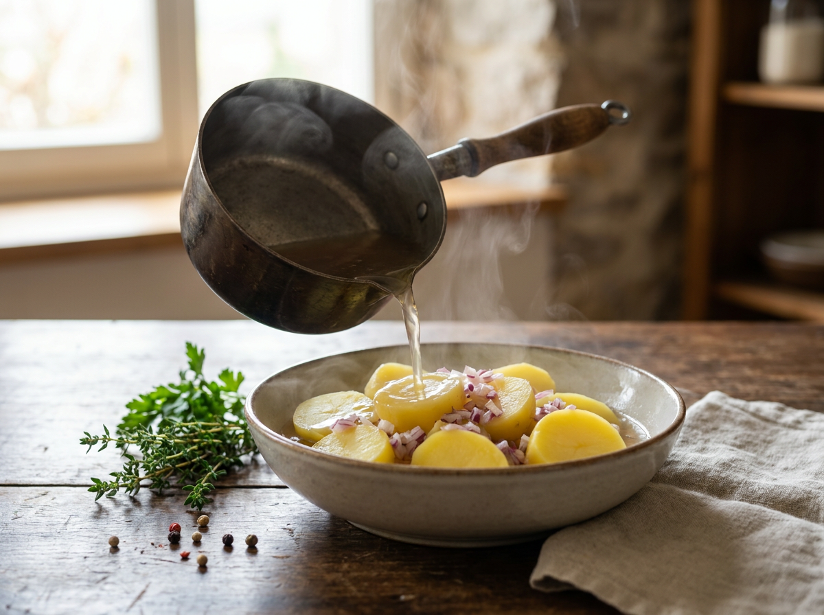 Hot broth is poured over freshly sliced warm potatoes