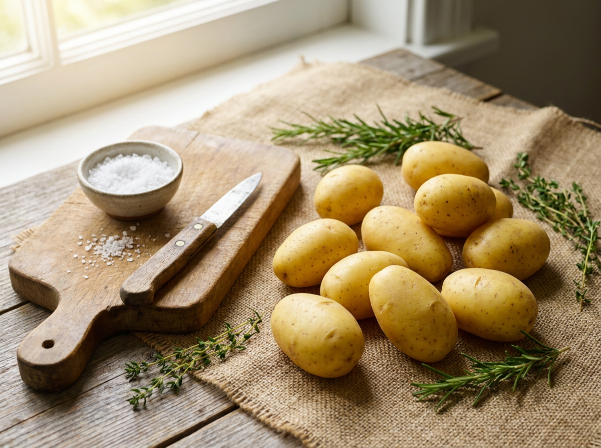 Fresh waxy potatoes on a wooden table with a paring knife