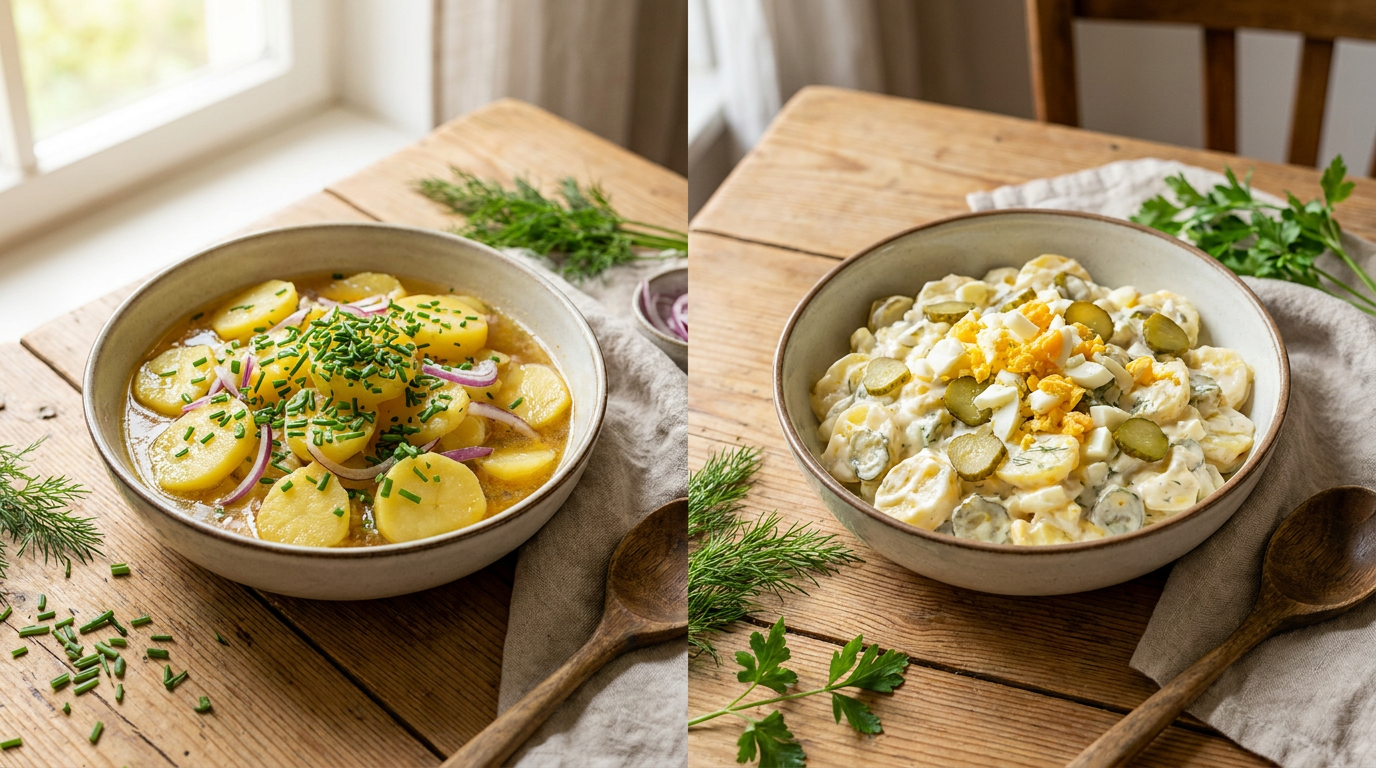 Bavarian potato salad with broth and mayonnaise potato salad in direct comparison on a wooden table
