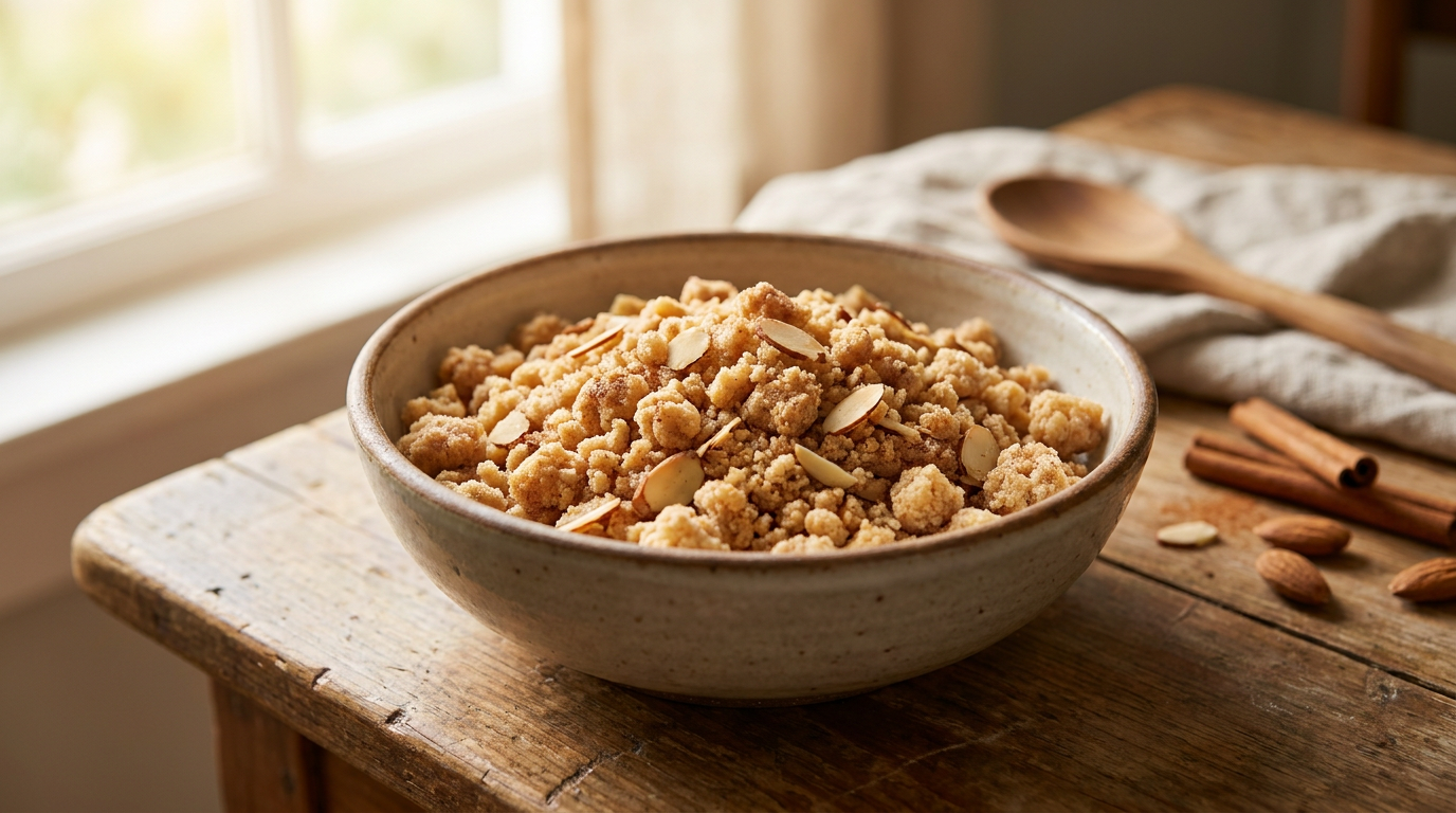 Preparing golden-brown butter streusel in a ceramic bowl