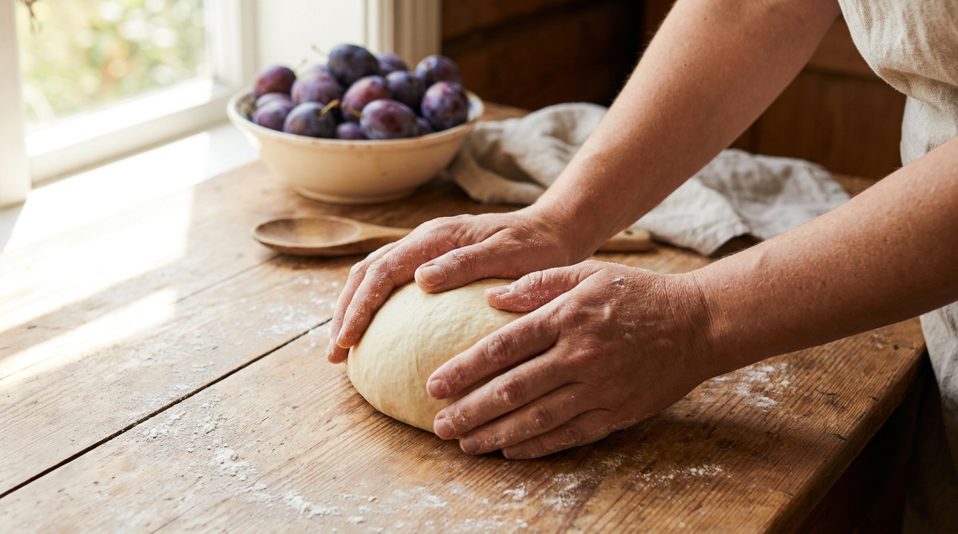 Smooth yeast dough being kneaded on a floured work surface