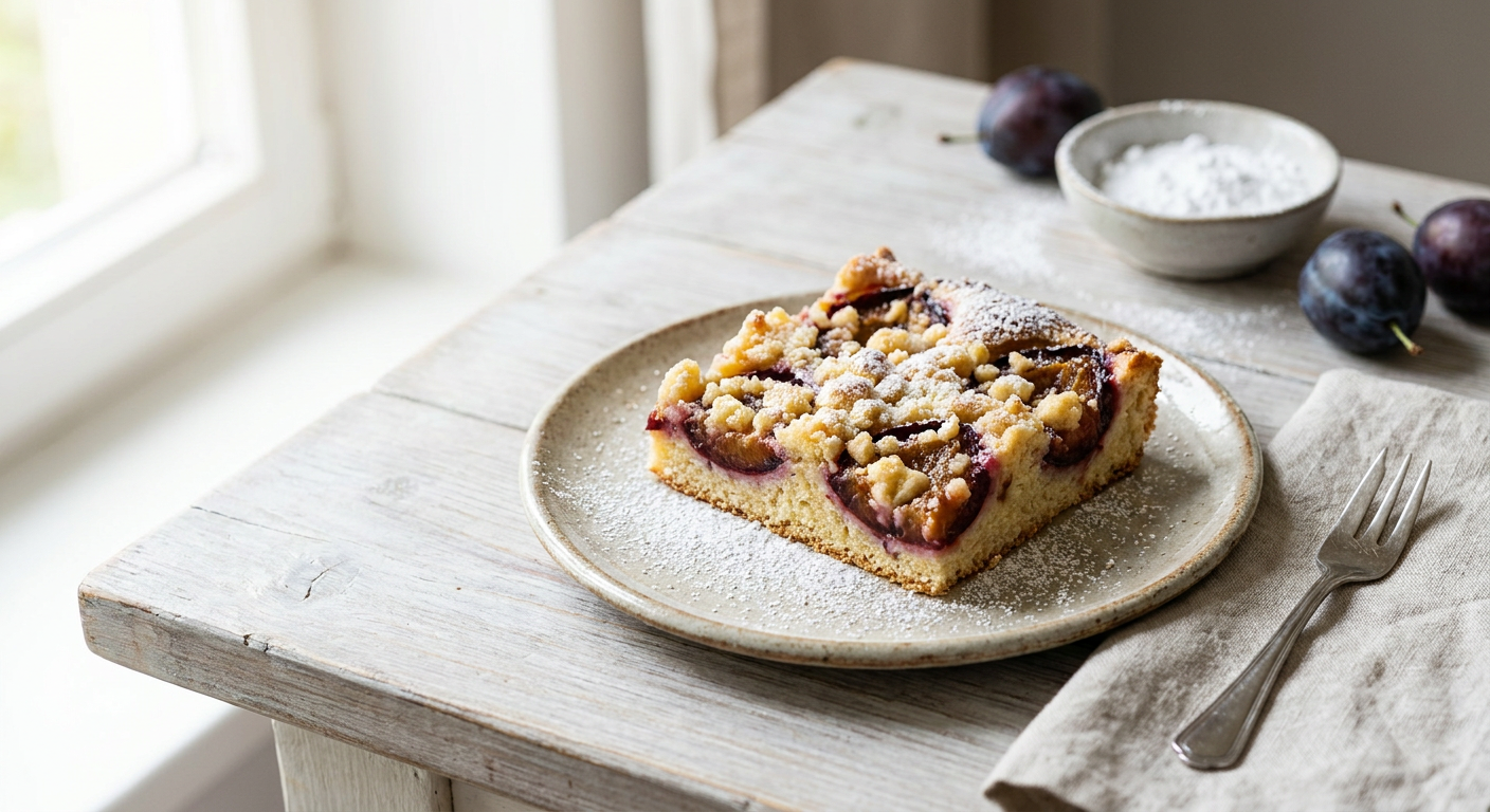 Freshly baked plum cake with streusel on a rustic cake plate