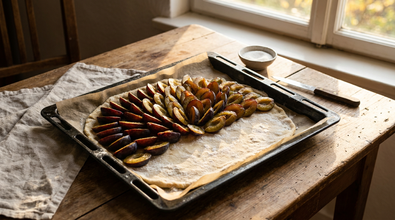Densely arranged Zwetschgen halves on sheet cake dough