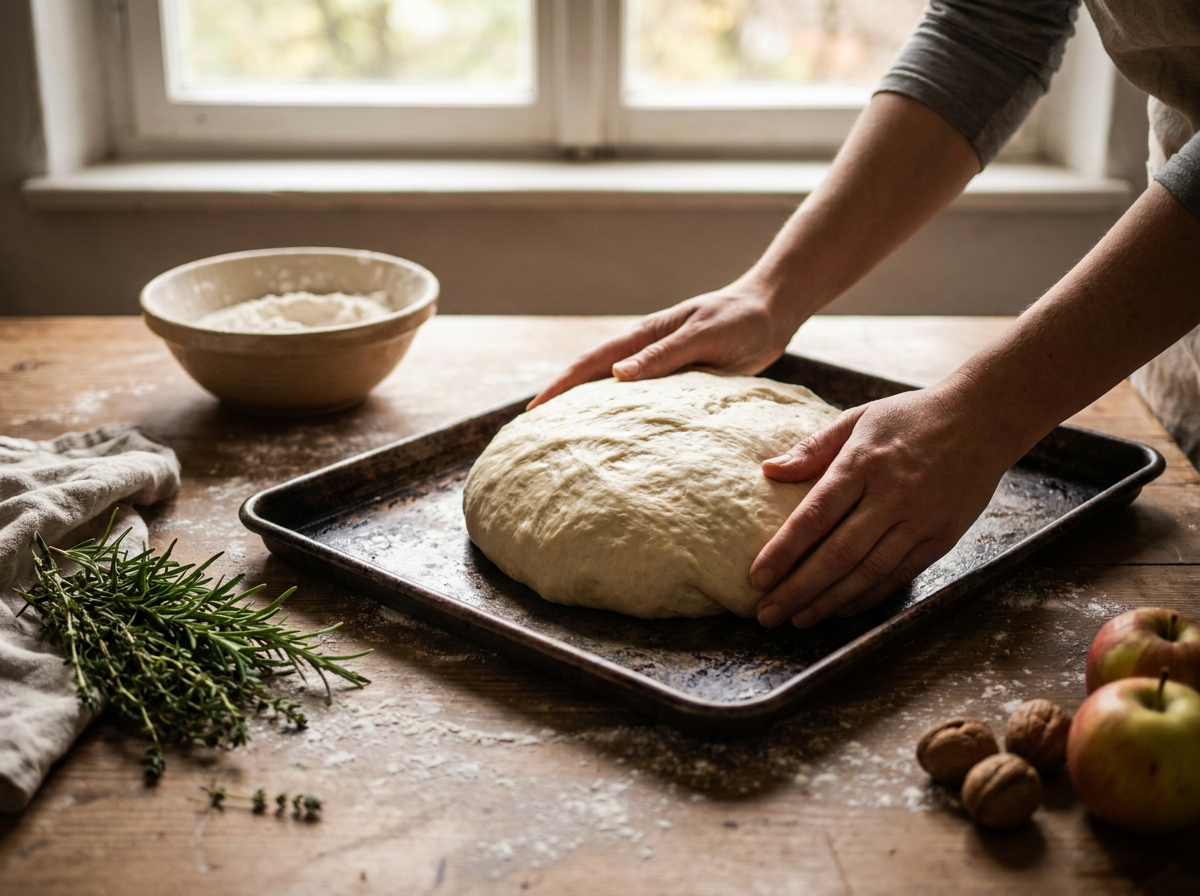 Zubereitung von geschmeidigem Hefeteig für Zwiebelkuchen