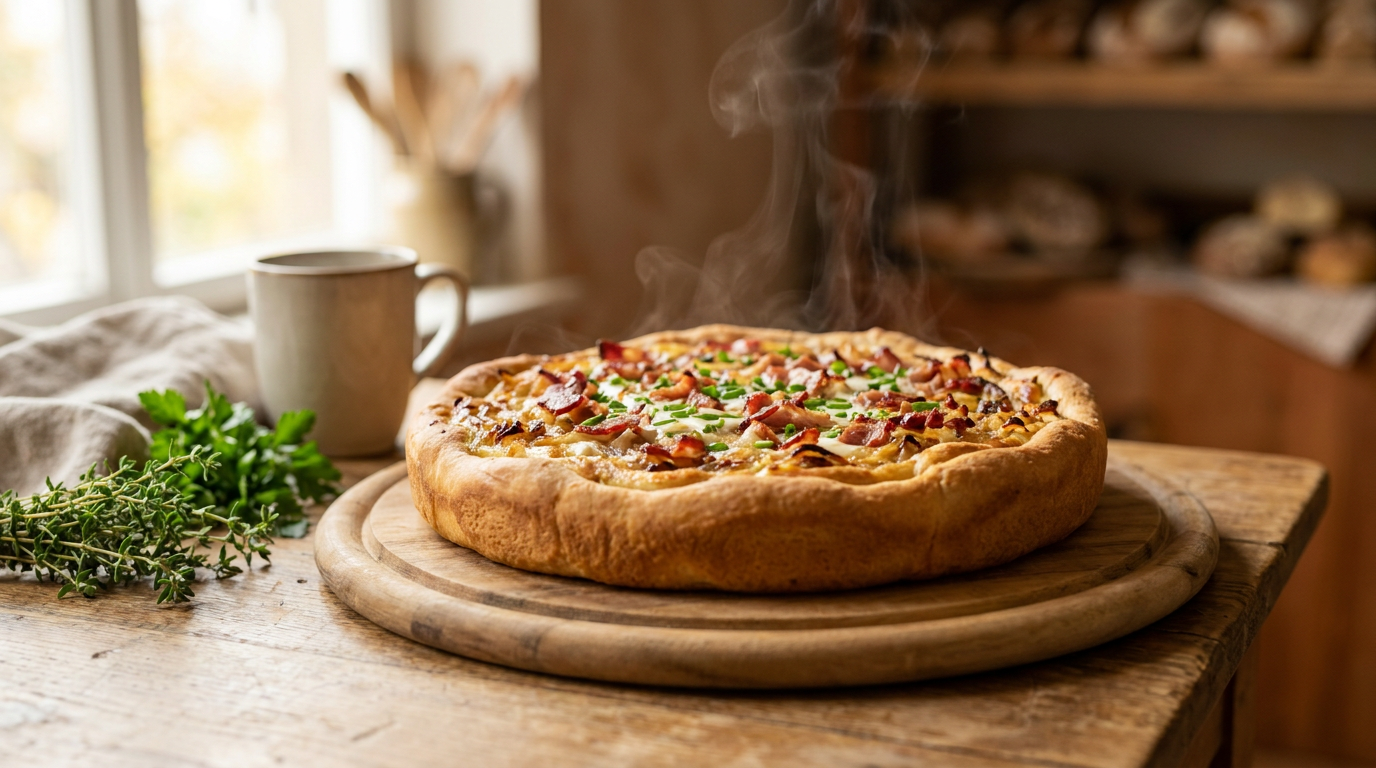Frisch gebackener saftiger Zwiebelkuchen auf Holzbrett mit Federweißer