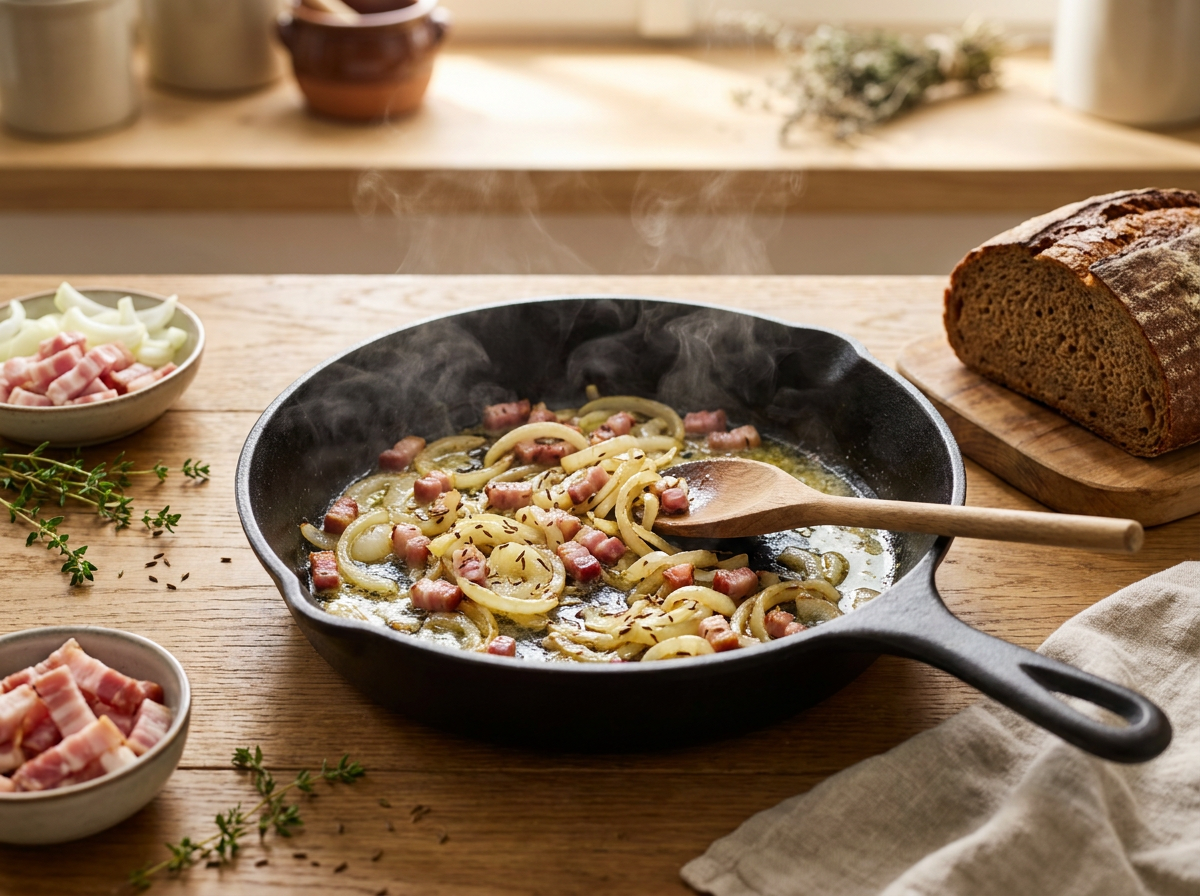 Sanft karamellisierende goldene Zwiebeln mit Speck in einer Gusseisenpfanne