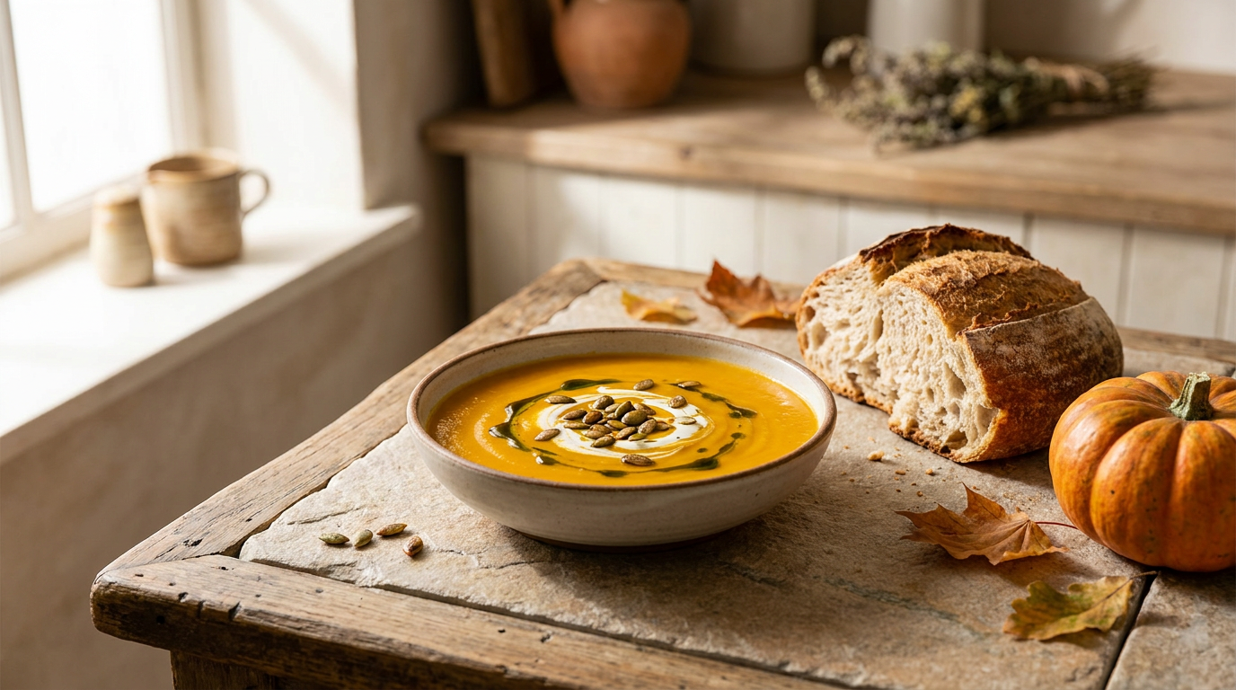 Cremige Butternut-Kürbissuppe mit Kürbiskernöl und frischem Brot auf herbstlichem Holztisch