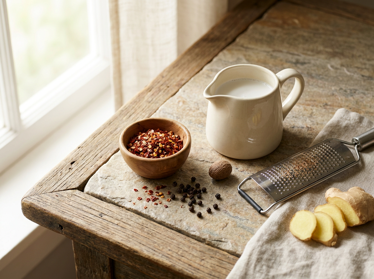 Gewürze für die perfekte Kürbissuppe wie Muskatnuss, Ingwer und Kokosmilch