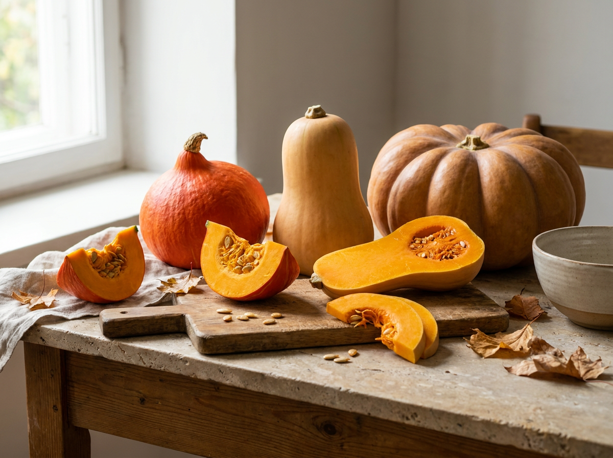 Butternut und Hokkaido Kürbisse frisch geerntet auf einer Holzplatte