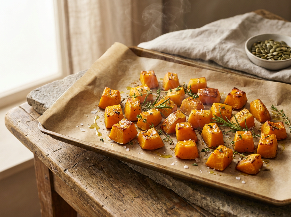 Ofenfrisch geröstete Butternut-Kürbiswürfel mit Kräutern auf dem Backblech