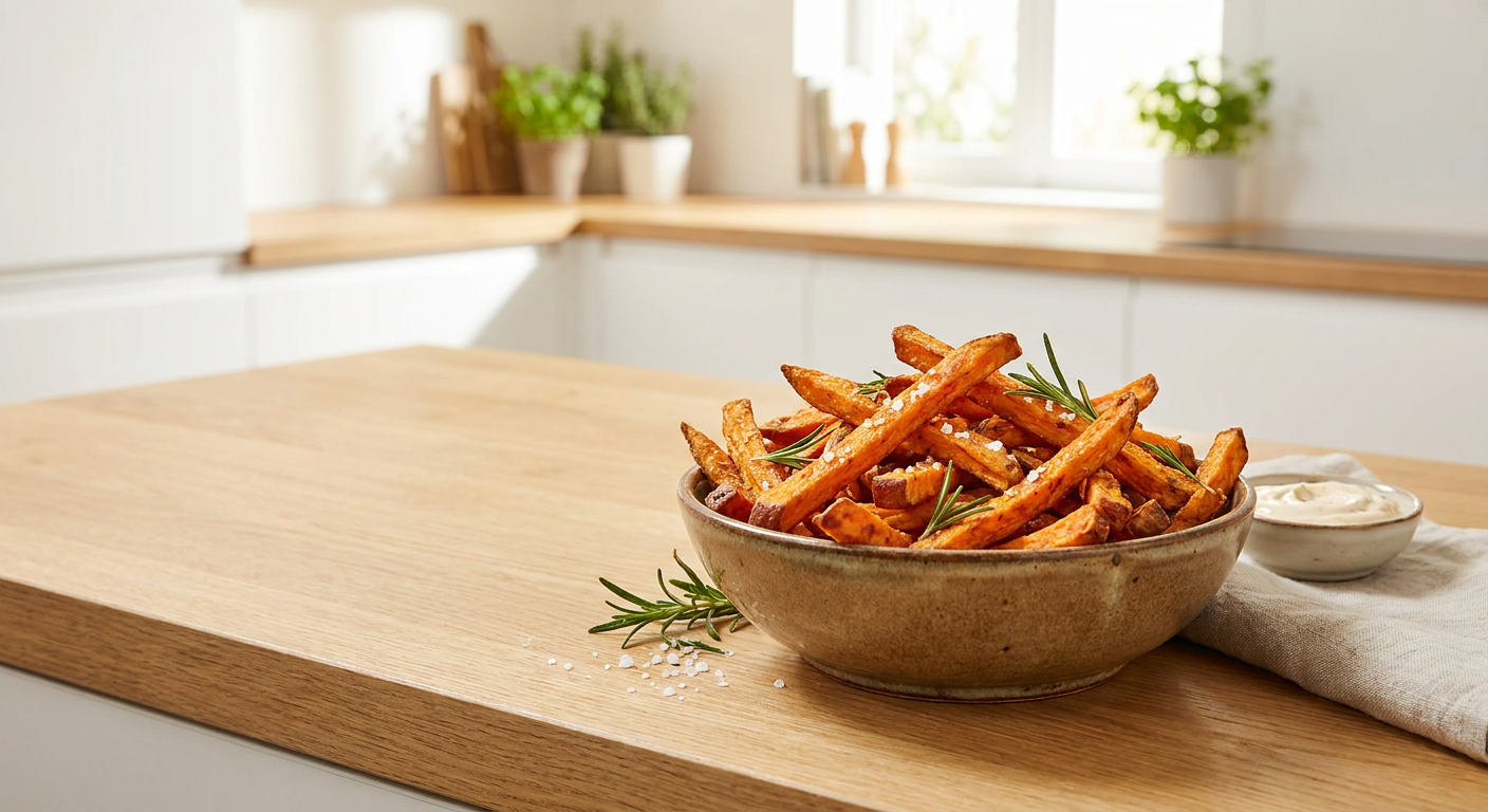 Knusprige Süßkartoffel Pommes frisch aus der Heißluftfritteuse
