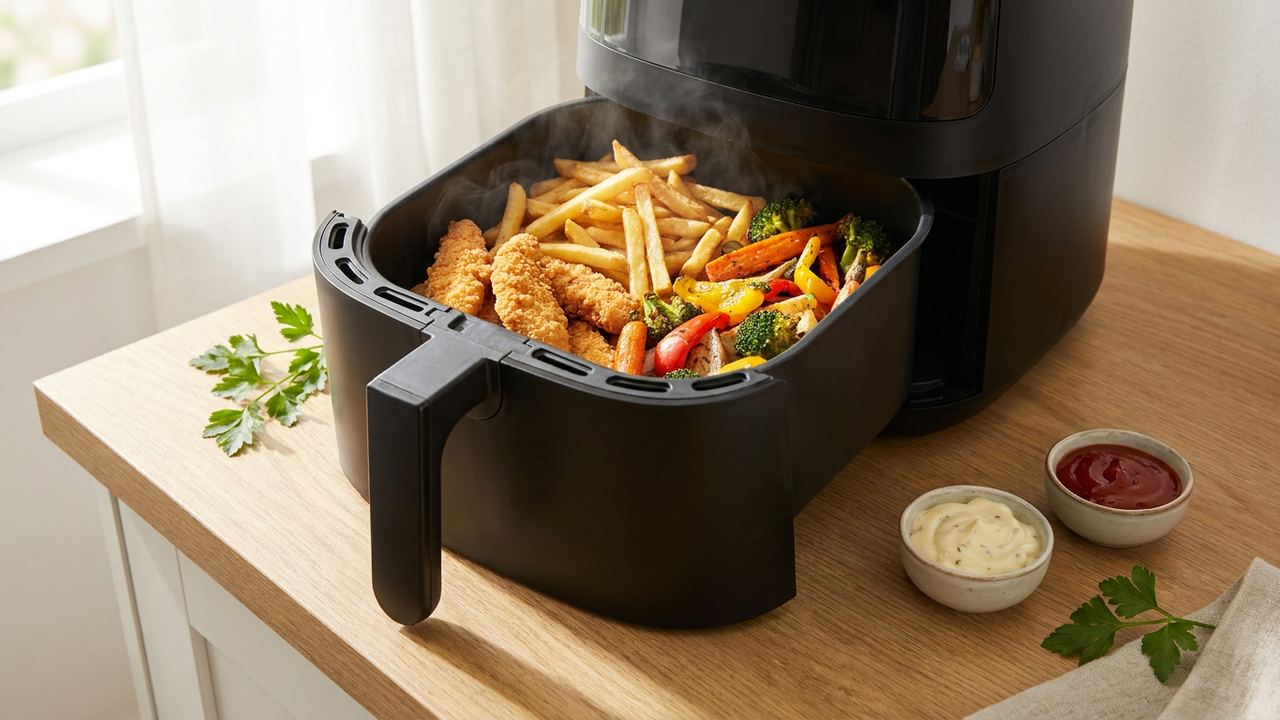 Knusprige Airfryer Gerichte auf einem Tisch serviert