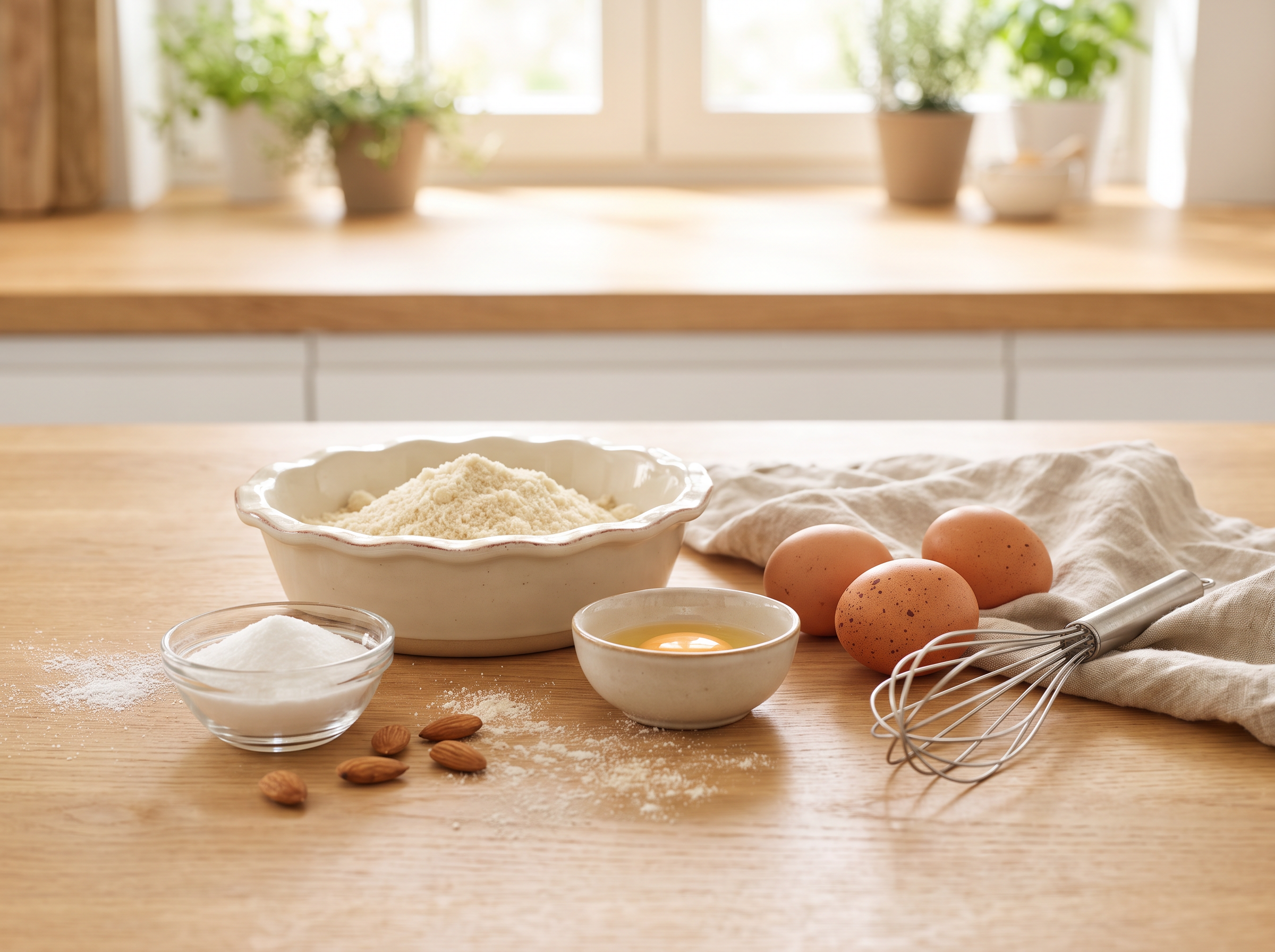 Backvorbereitung für Low Carb Brot und Pizza mit Mandelmehl, Eiern und Küchenutensilien auf Holzarbeitsplatte