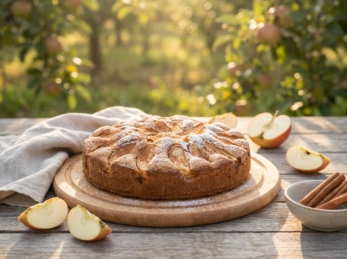 Klassischer hausgemachter Apfelkuchen mit Streuseln auf einem Holzbrett