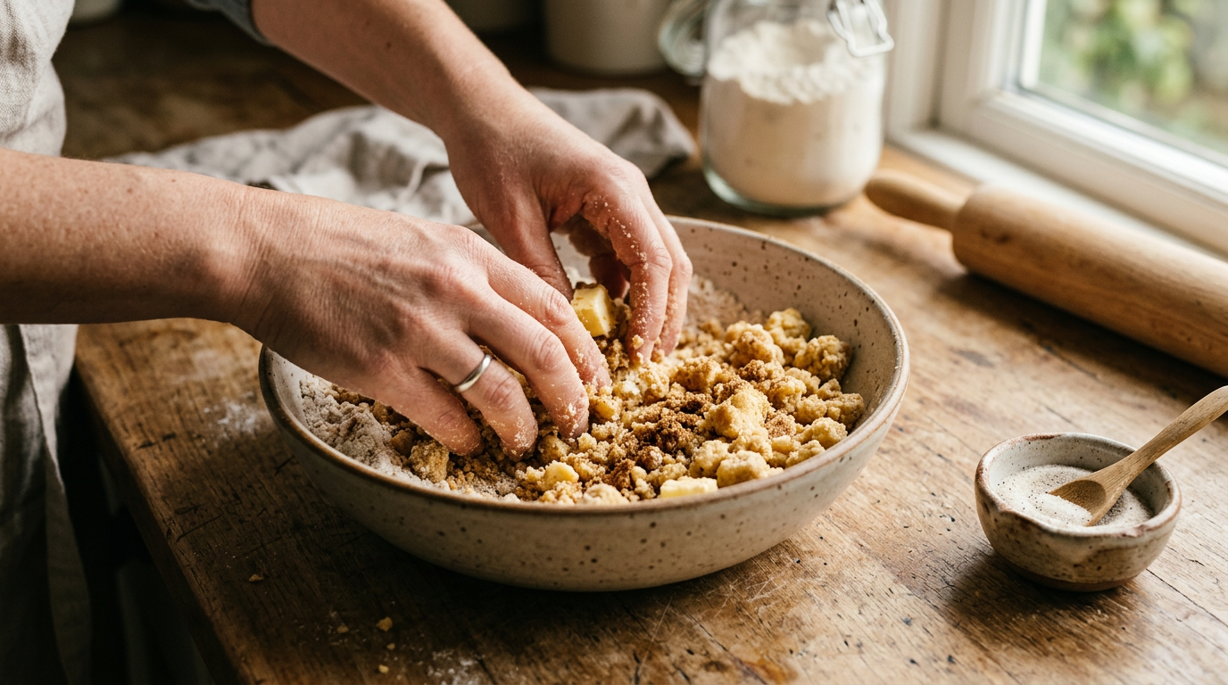 Zubereitung von knusprigen Butterstreuseln mit Mehl, Zucker und kalter Butter