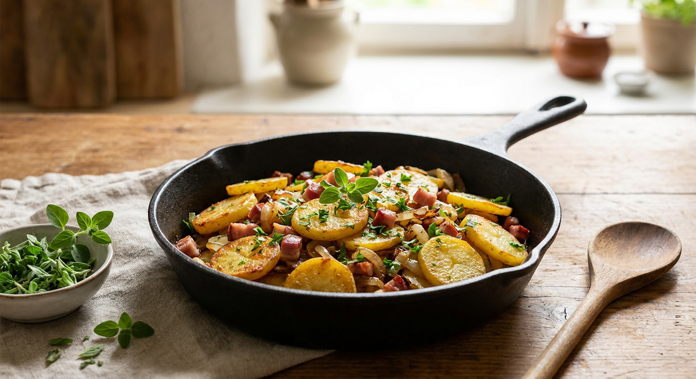 Goldbraune knusprige Bratkartoffeln in der gusseisernen Pfanne mit Speck und frischen Kräutern