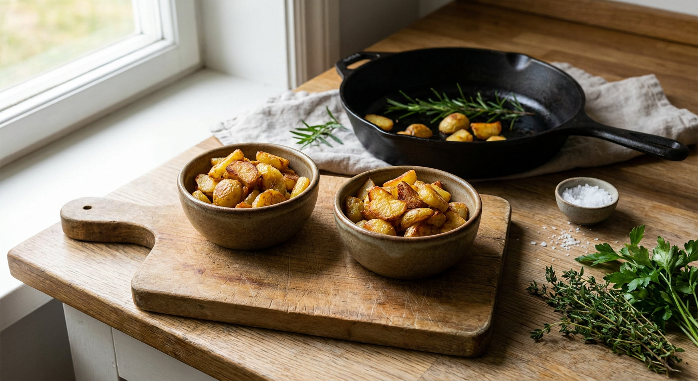 Vergleich von rohen und vorgekochten Kartoffelscheiben für Bratkartoffeln