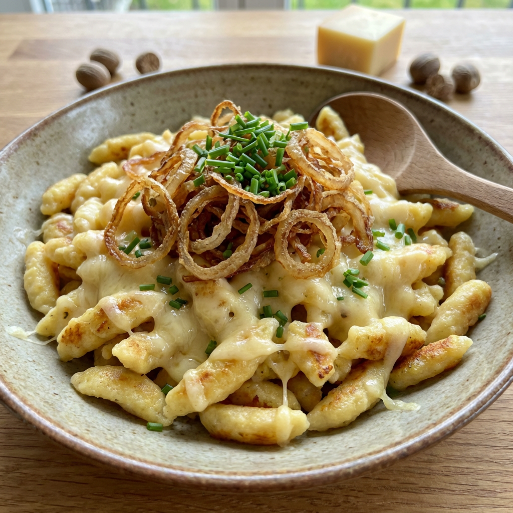 Dampfende Allgäuer Käsespätzle mit geschmolzenem Bergkäse und Röstzwiebeln