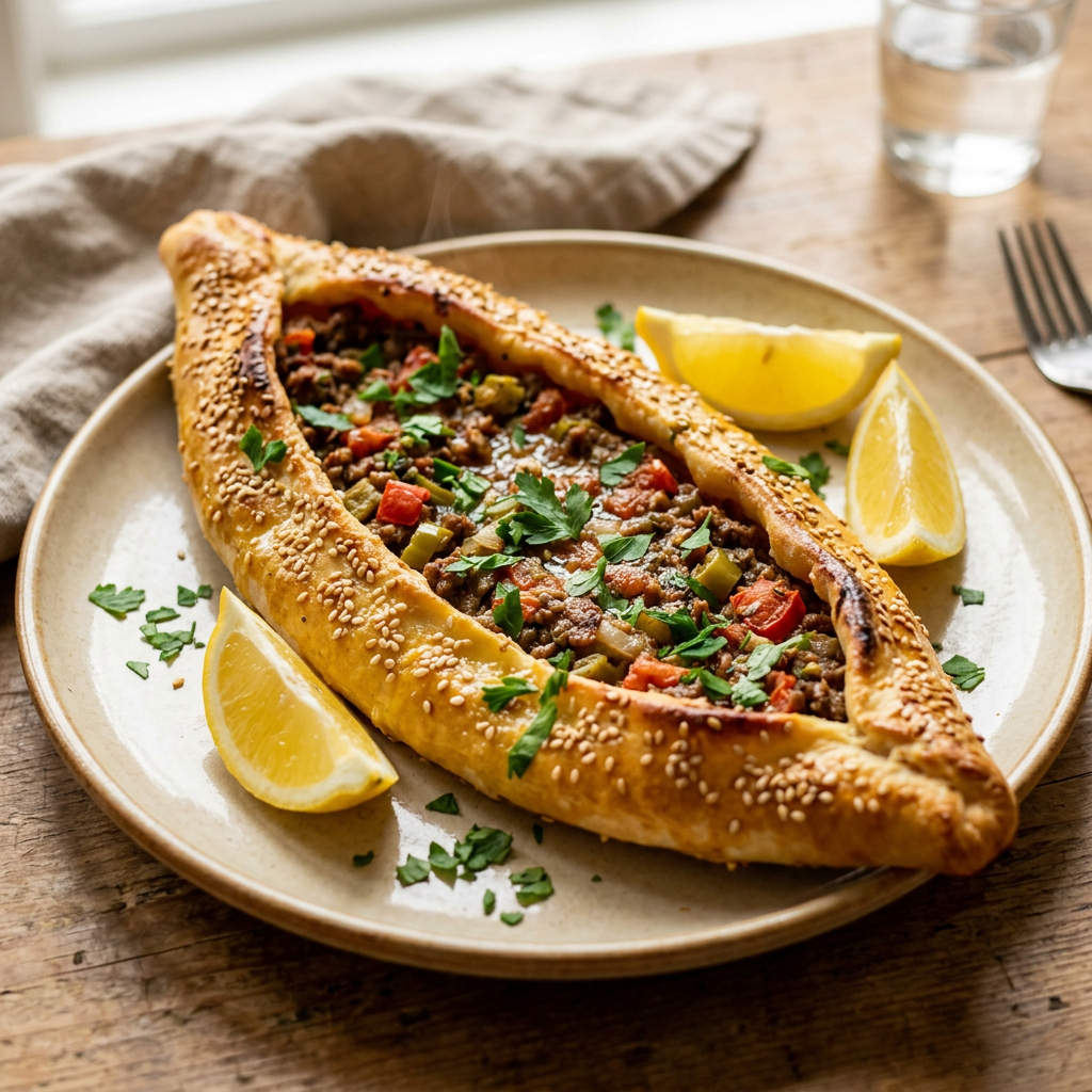 Saftige türkische Kıymalı Pide mit Hackfleisch, Tomaten, Zwiebeln und Petersilie