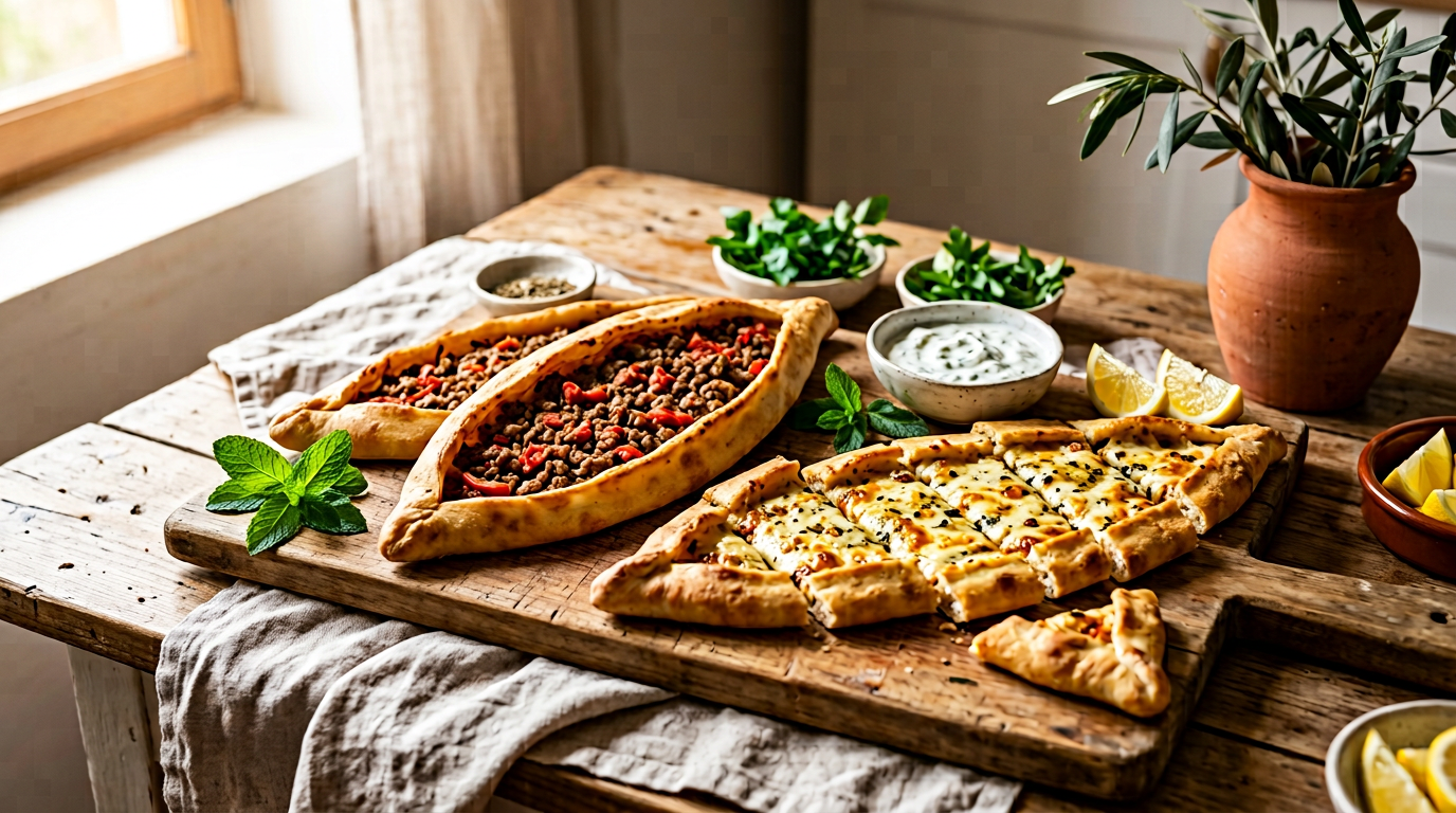 Frisch gebackene türkische Pide Schiffchen mit Hackfleisch und Käse auf einem rustikalen Holztisch