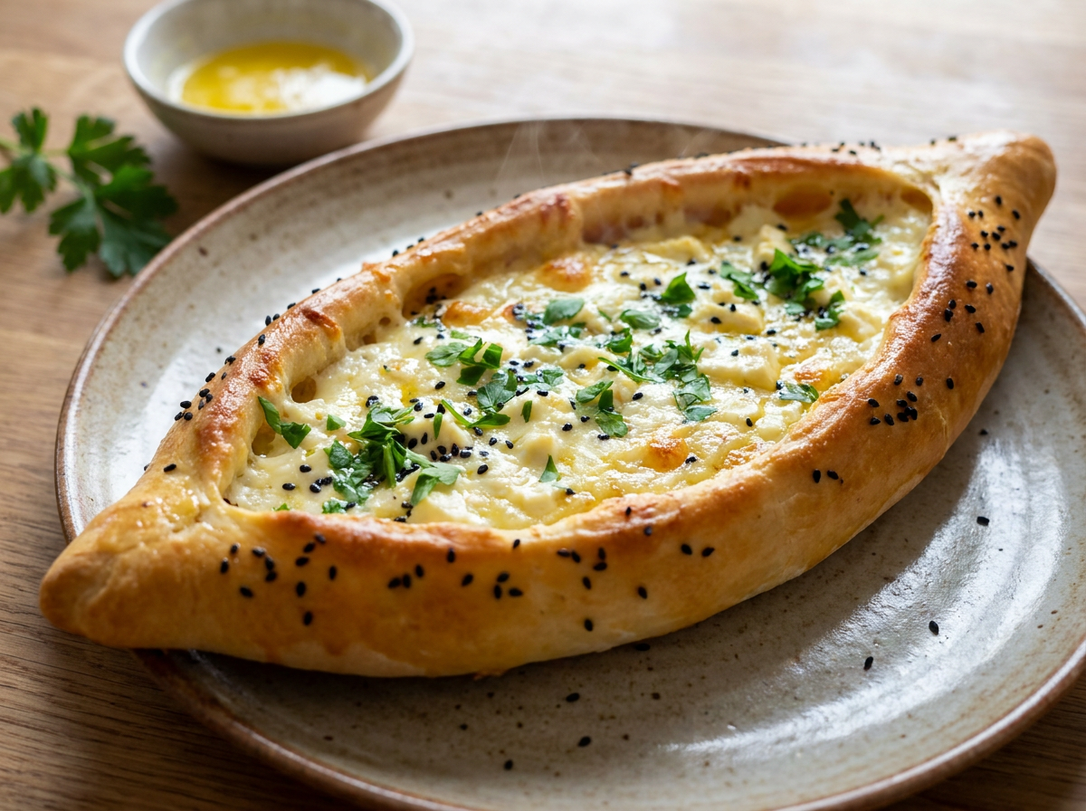 Türkische Käse Pide mit geschmolzenem Feta, Mozzarella und frischen Kräutern