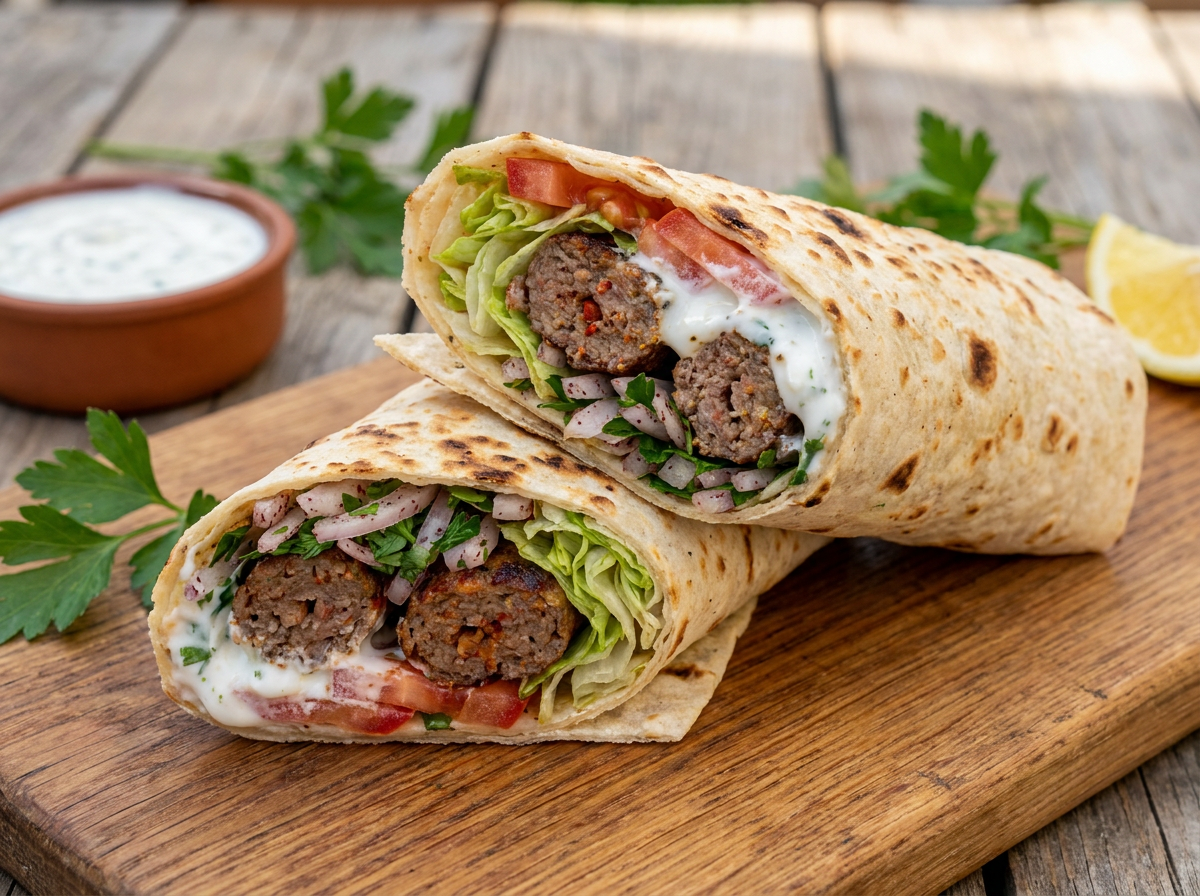 Hausgemachter Dürüm Wrap mit saftiger Füllung und frischen Kräutern