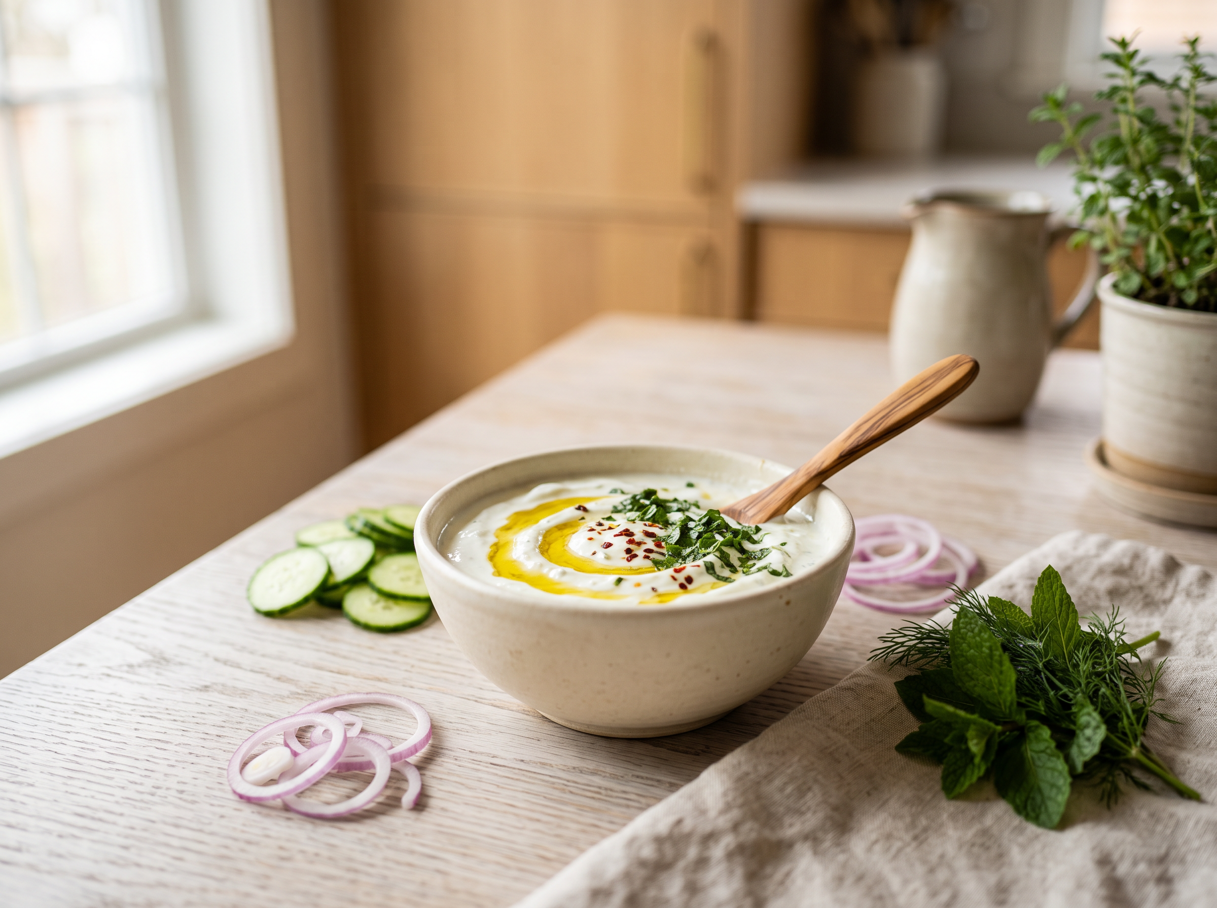 Cremige Knoblauchsauce mit frischen Kräutern und knackigem Gemüse