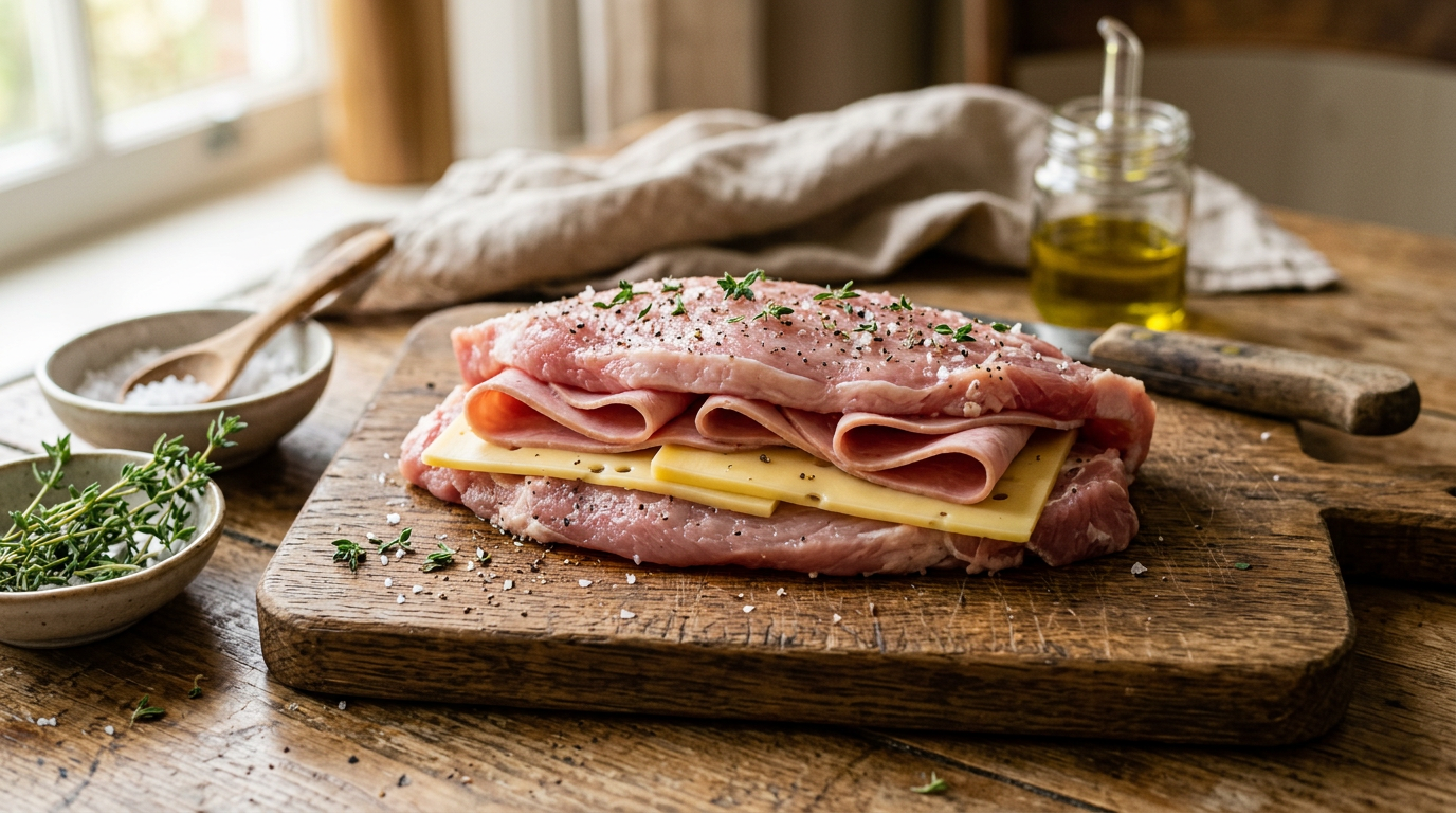 Aufgeklapptes Schnitzelfleisch gefüllt mit Kochschinken und Käse auf einem Holzbrett