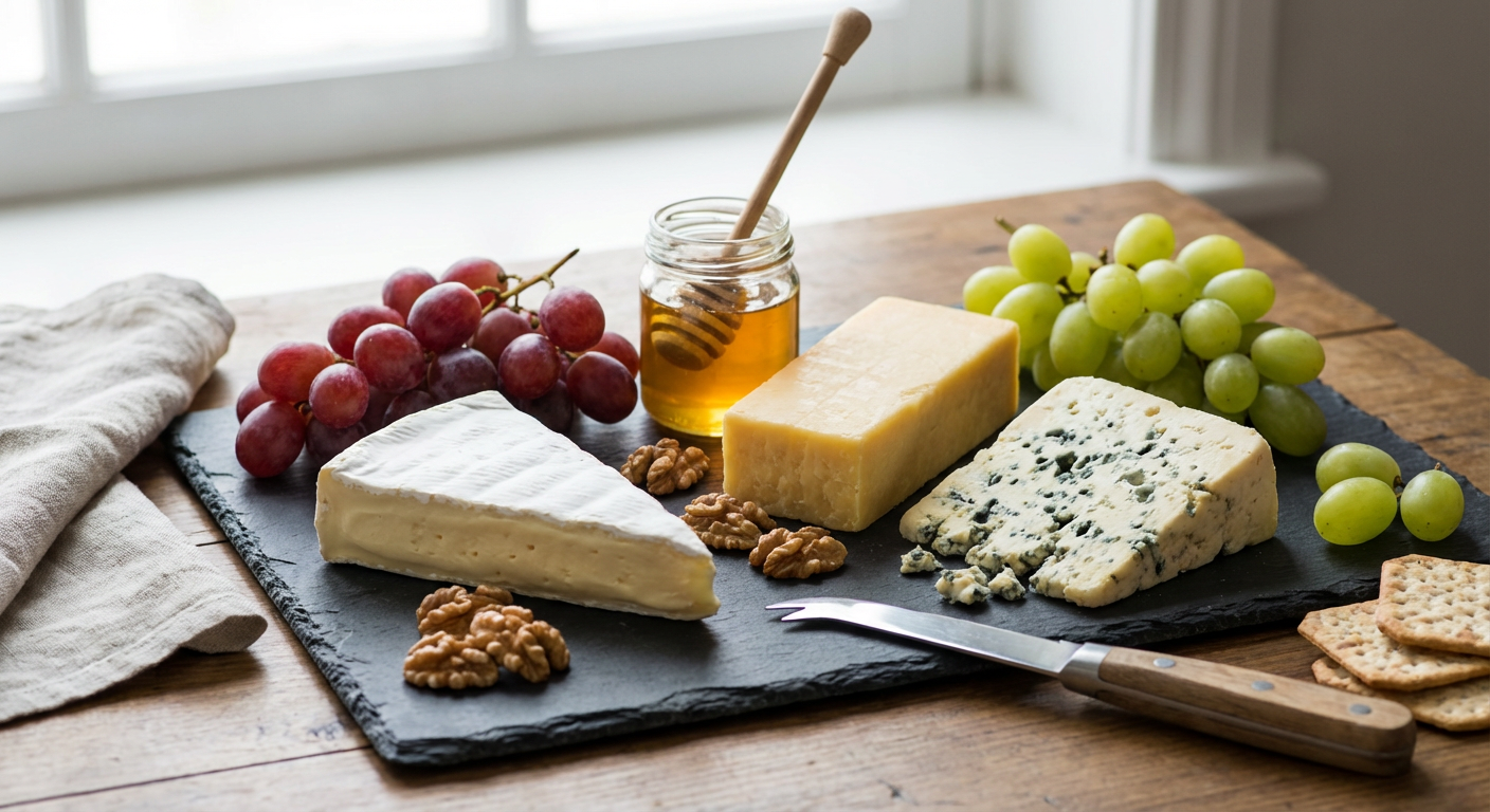 Auswahl an Schweizer Bergkäse Gruyère und Emmentaler auf einer Holzplatte