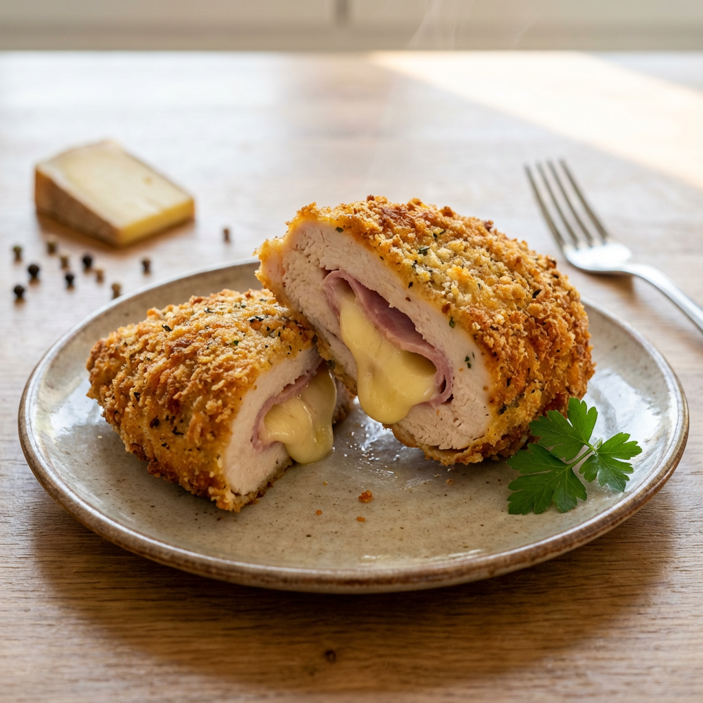 Goldbraun gebratenes Cordon Bleu frisch aufgeschnitten mit schmelzendem Käsekern