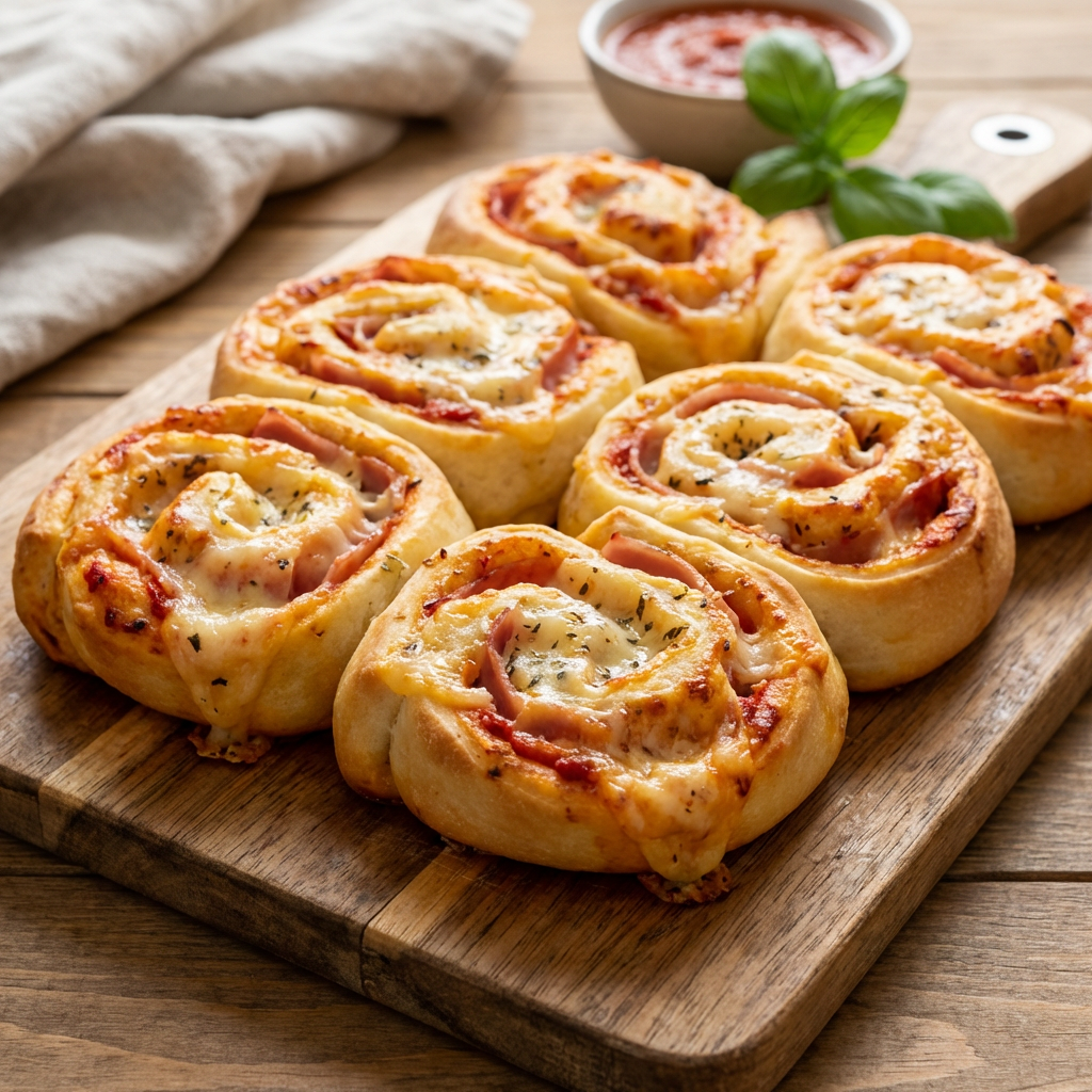 Perfekt geformte und gefaltete Pizzabrötchen auf einem rustikalen Holzbrett