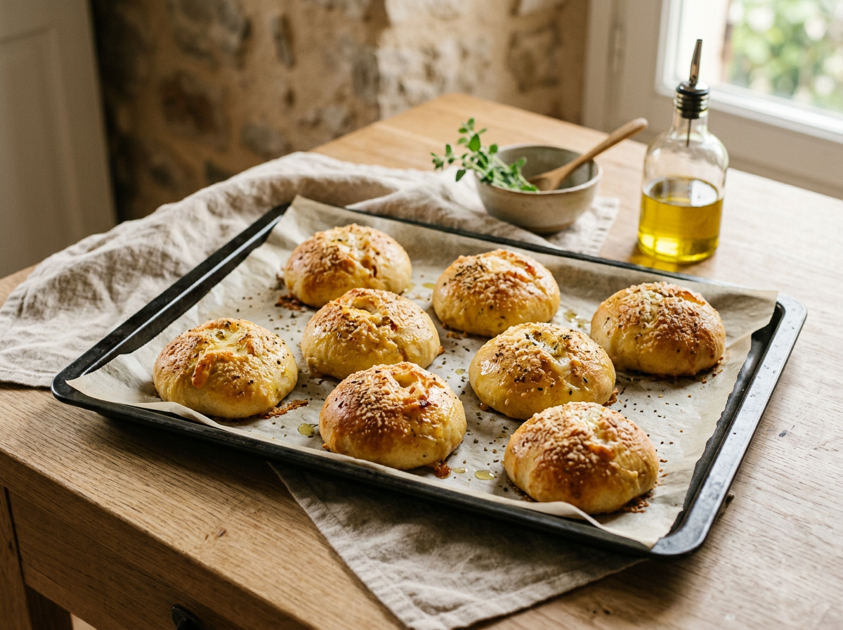 Ofenfrische Pizzabrötchen auf Backpapier mit herrlich goldbrauner Kruste
