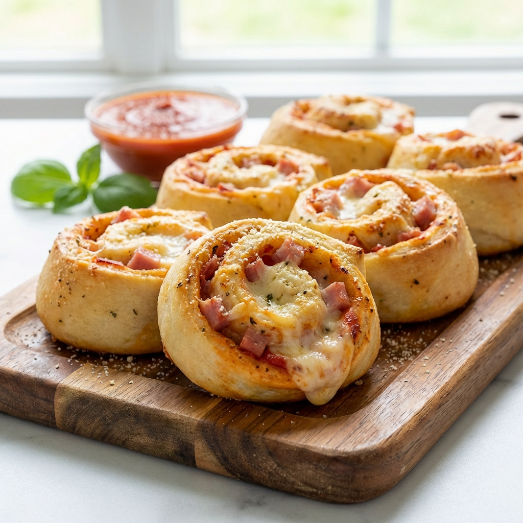 Gebackene Pizzabrötchen mit Fäden ziehendem geschmolzenem Käse