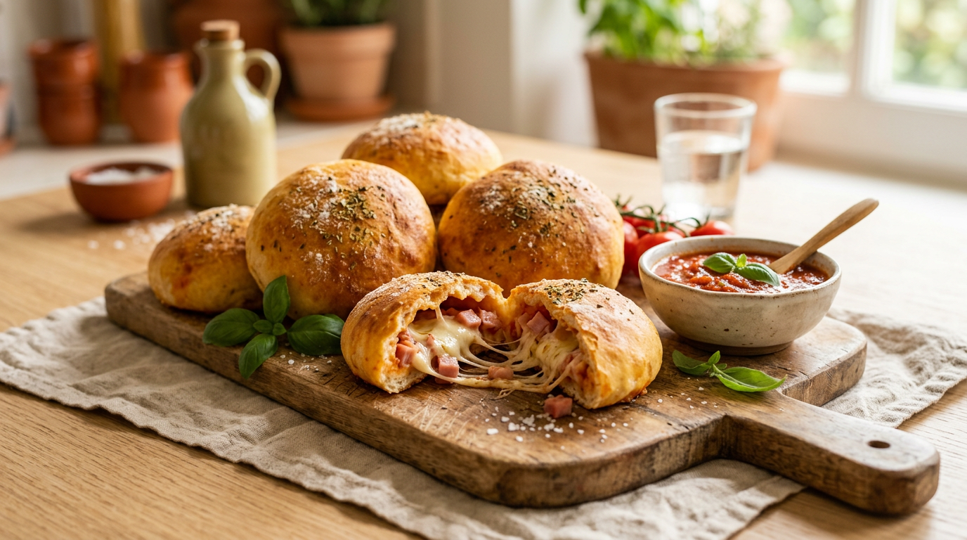 Frisch gebackene gefüllte Pizzabrötchen mit schmelzendem Mozzarella und Kräutern