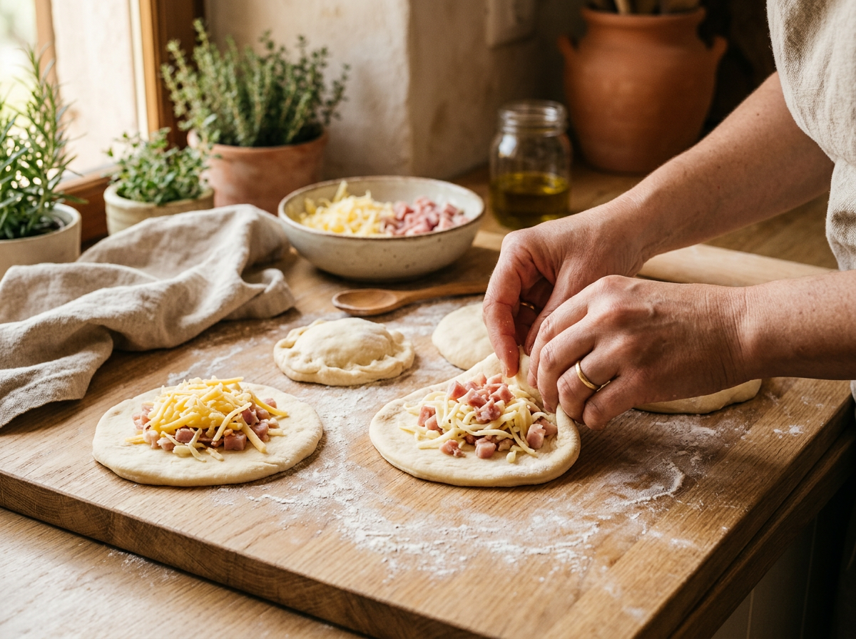 Frischer Schinken und Käse werden auf Teigportionen verteilt