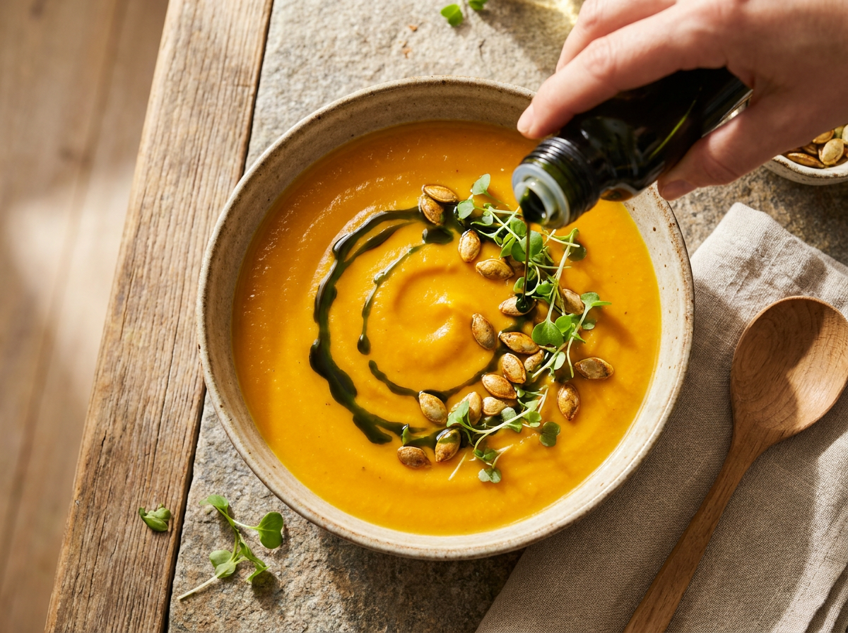 Detailaufnahme einer sämigen Kürbissuppe garniert mit dunkelgrünem Kernöl und goldbraun gerösteten Kürbiskernen