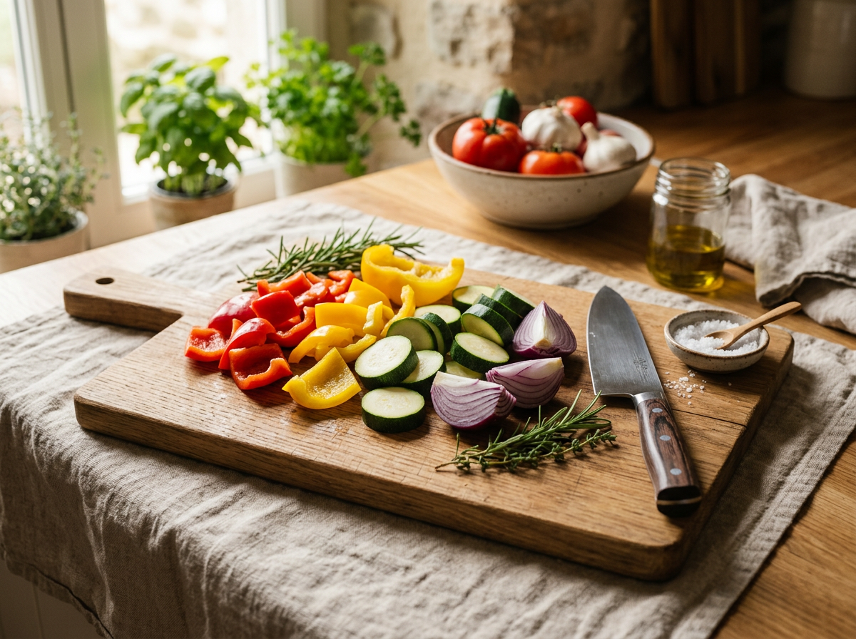 Frisches buntes Gemüse wie Paprika, Zucchini und Zwiebeln sorgfältig auf einem Holzbrett für das Ofengemüse geschnitten