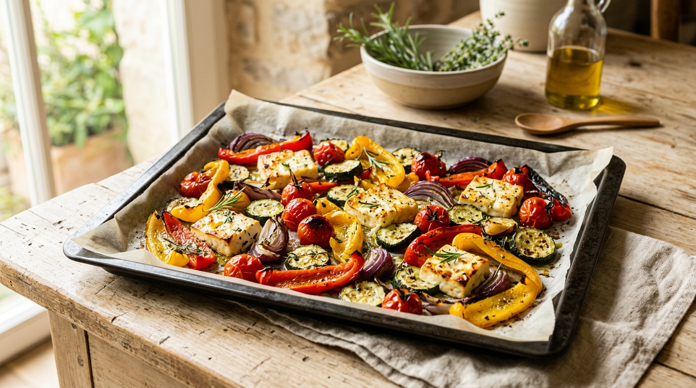 Buntes mediterranes Ofengemüse vom Blech mit knusprigem Feta, Rosmarin und Kirschtomaten frisch serviert