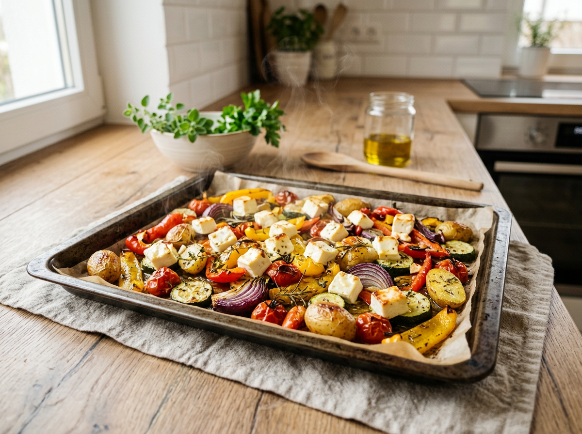 Aromatischer Feta in Stücken auf dem gerösteten Ofengemüse für den perfekten zarten Schmelz