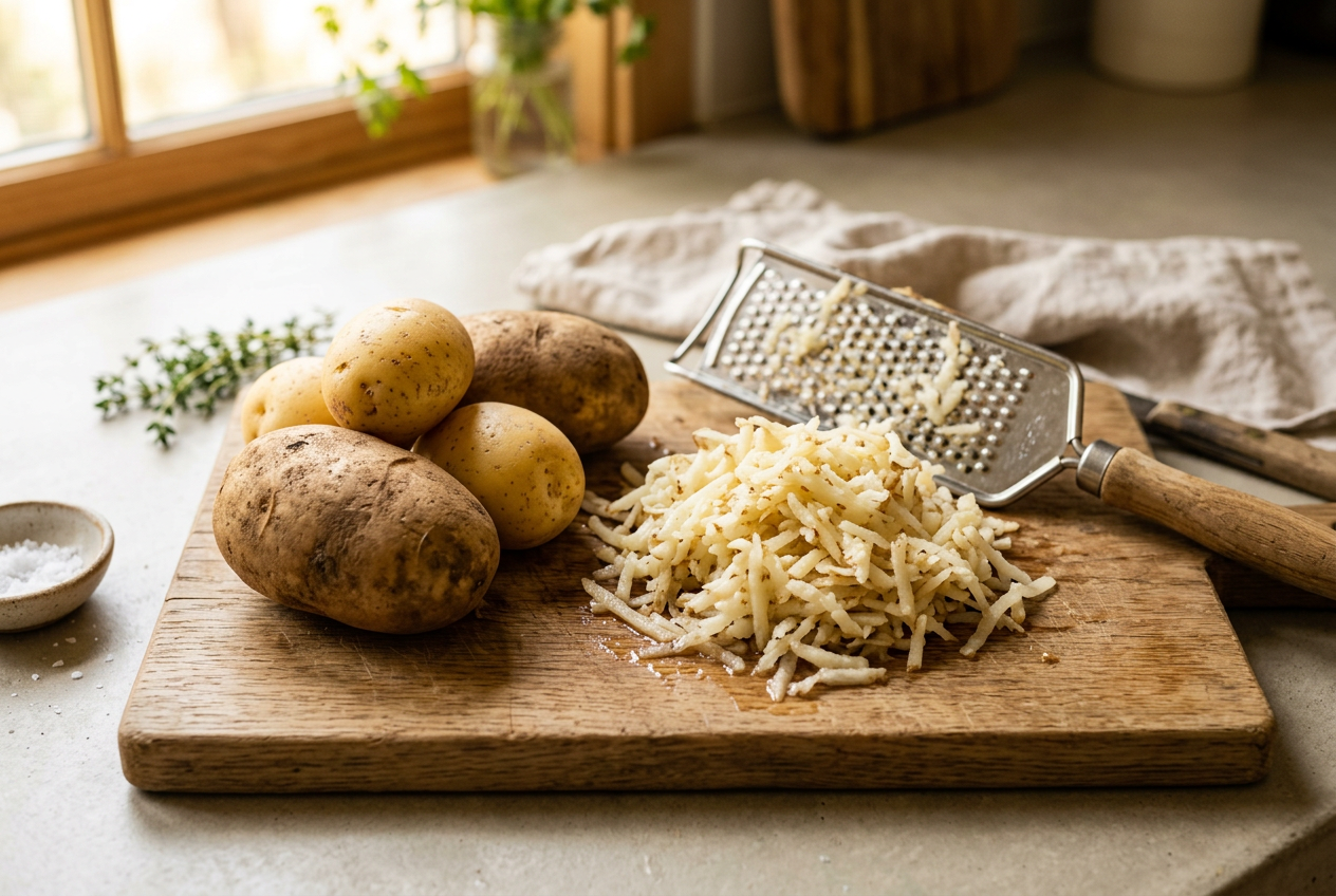 Frische rohe Kartoffeln mit Gemüsereibe und Küchentuch zur Zubereitung