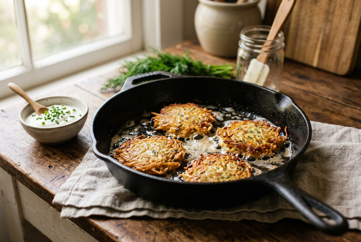 Kartoffelpuffer brutzeln in einer schweren gusseisernen Pfanne in goldenem Butterschmalz