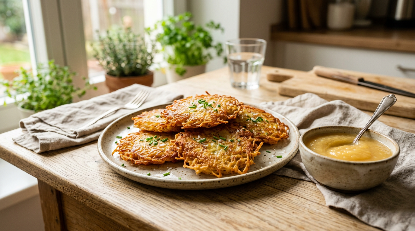 Frisch ausgebackene goldbraune Kartoffelpuffer mit zackigen Knusperrändern und feinem Apfelmus