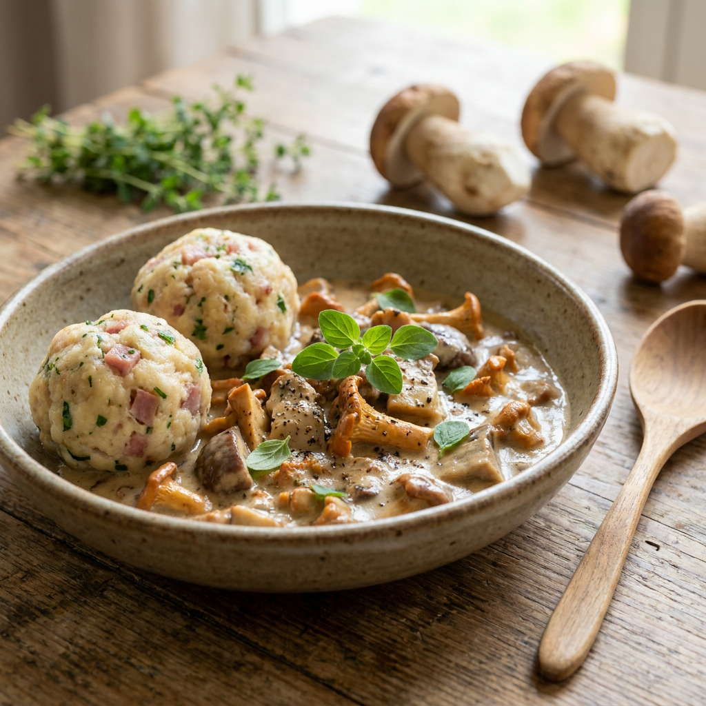 Aromatisches Pfifferling-Rahmragout mit Semmelknödeln und frischer Petersilie auf Servierteller