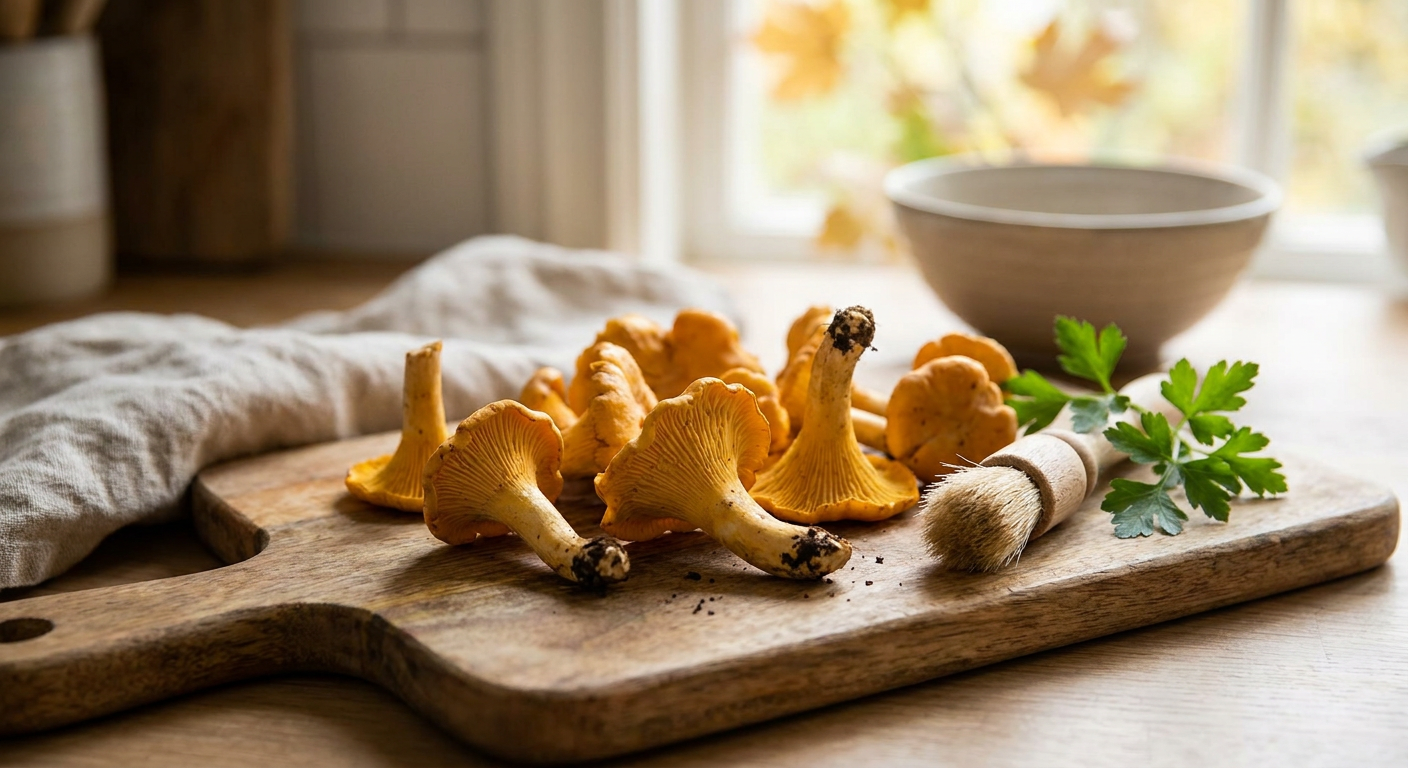 Frische goldgelbe Pfifferlinge auf einem rustikalen Holztisch mit Kräutern und Küchenmesser