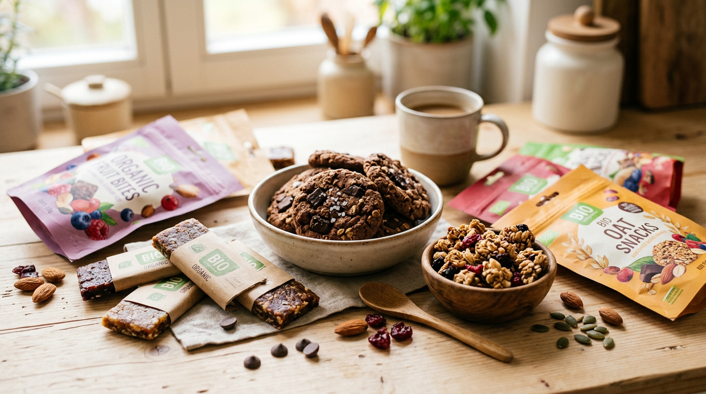 Auswahl an gesunden Bio Fruchtriegeln und Pausensnacks