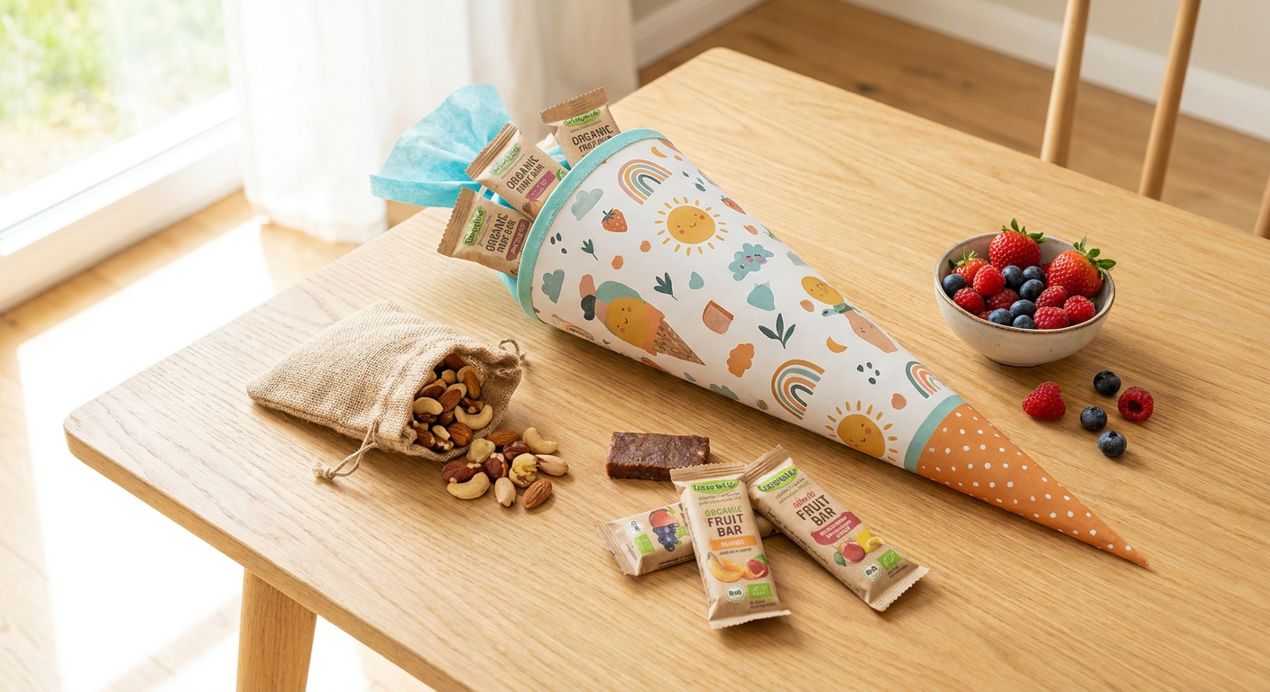 Bunt und gesund befüllte Schultüte mit Bio-Snacks und Schulutensilien
