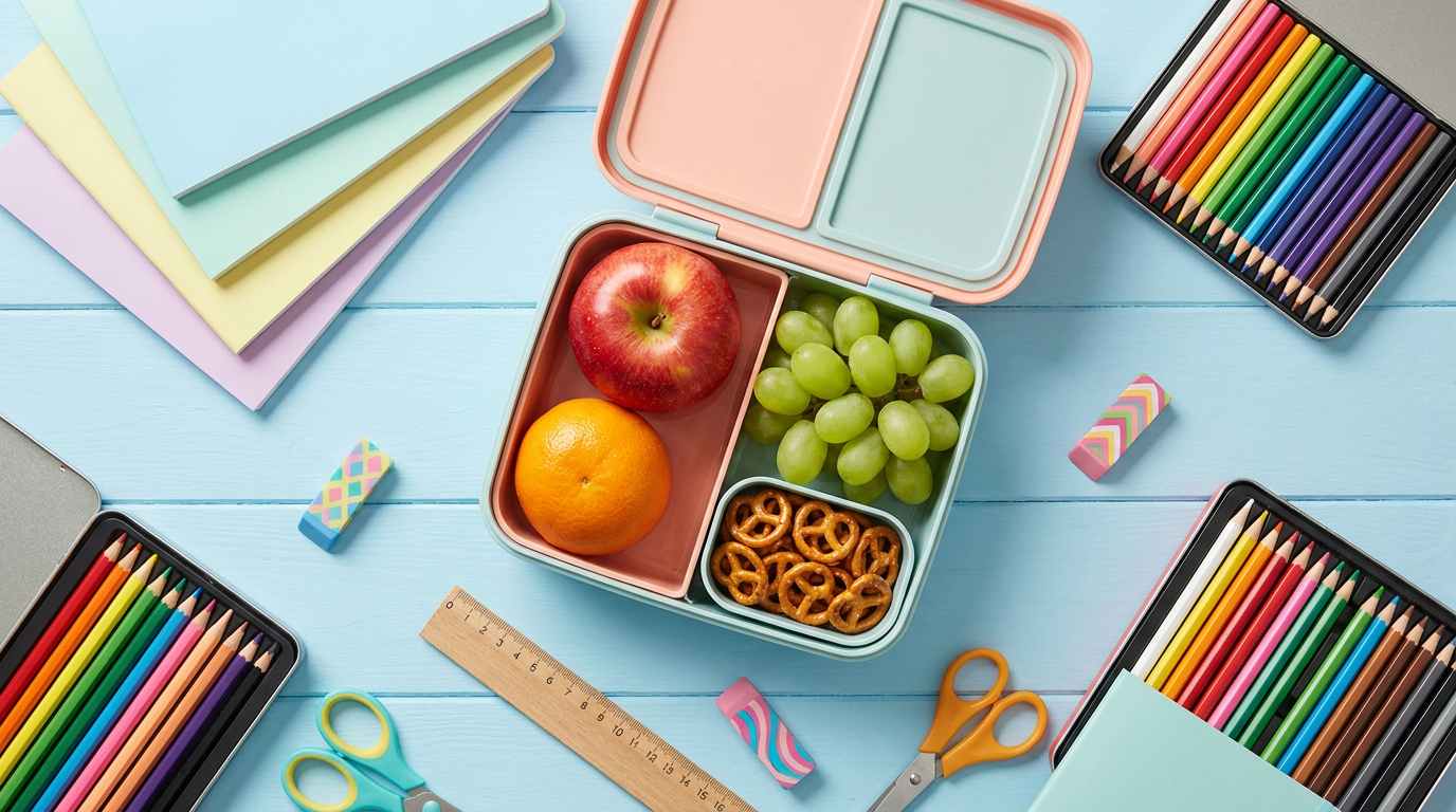 Bunte Schulsachen, Federmäppchen und frische Snacks für den Schulanfang
