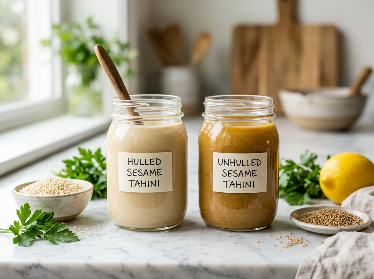 Vergleich von hellem und dunklem Tahini in Gläsern auf rustikalem Holztisch