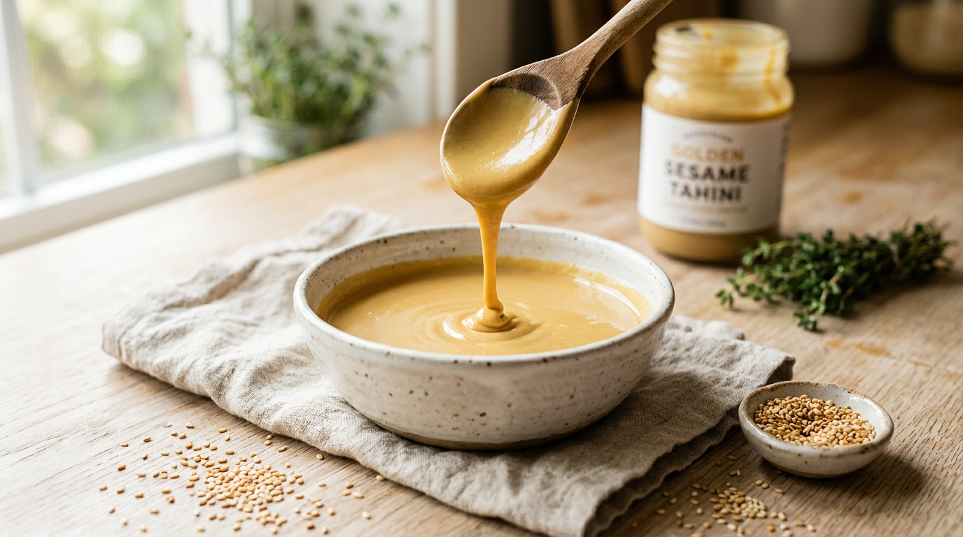 Frisch angerührtes cremiges Tahini fließt samtig in eine Keramikschale